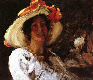 克拉拉·斯蒂芬斯戴着橙色丝带帽子的肖像 Portrait of Clara Stephens Wearing a Hat with an Orange Ribbon (1913)，威廉·梅里特·切斯