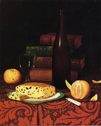 静物与葡萄干蛋糕，水果和葡萄酒 Still Life with Raisin Cake, Fruit and Wine (1876)，威廉迈克尔哈内特