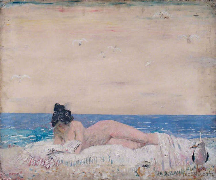 裸体女模特（在海边阅读） Nude Female Model (Reading On The Seashore) (1930)，威廉·奥宾