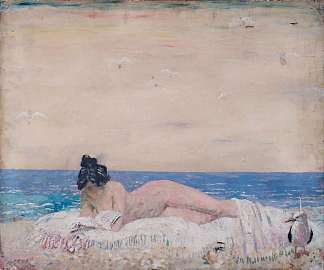 裸体女模特（在海边阅读） Nude Female Model (Reading On The Seashore) (1930)，威廉·奥宾