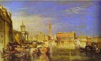 叹息桥，公爵宫和海关大楼，威尼斯卡纳莱蒂绘画 Bridge of Sighs, Ducal Palace and Custom House, Venice Canaletti Painting (1833)，J.M.W.特纳