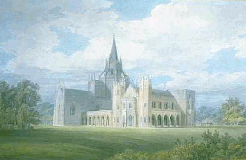 从西南方向看方特希尔修道院的透视图 Perspective View of Fonthill Abbey from the South West (c.1799)，J.M.W.特纳