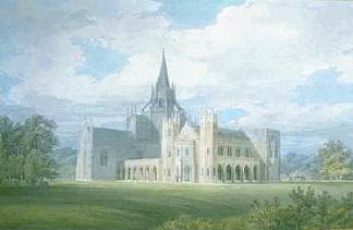 从西南方向看方特希尔修道院的透视图 Perspective View of Fonthill Abbey from the South West (c.1799)，J.M.W.特纳