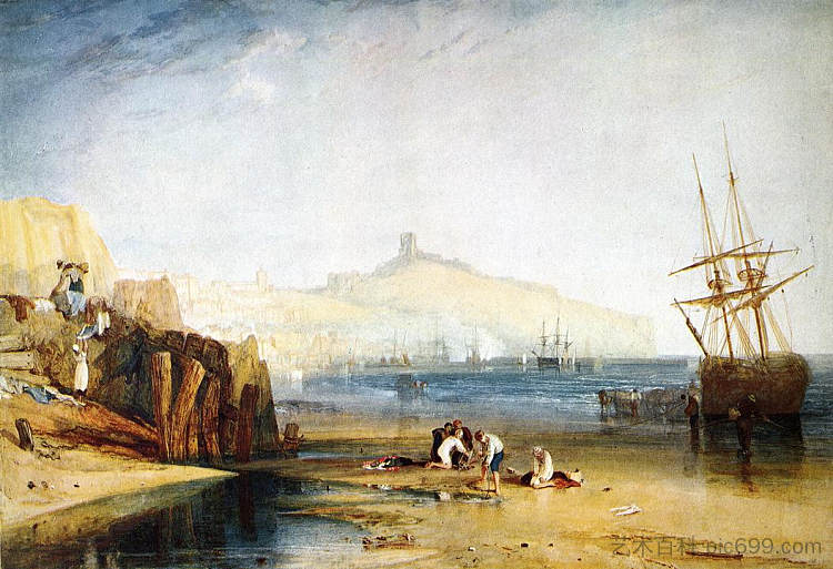 斯卡伯勒镇和城堡。早上男孩抓螃蟹 Scarborough Town and Castle. Morning.Boys Catching Crabs (1811)，J.M.W.特纳