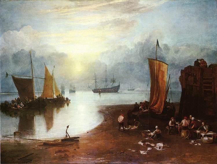 太阳从蒸气中升起：渔民清洗和出售鱼类 Sun Rising through Vapour: Fishermen Cleaning and Selling Fish (1807)，J.M.W.特纳