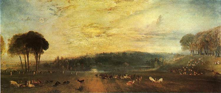 湖，佩特沃斯日落，战斗雄鹿 The Lake, Petworth Sunset, Fighting Bucks (c.1829)，J.M.W.特纳