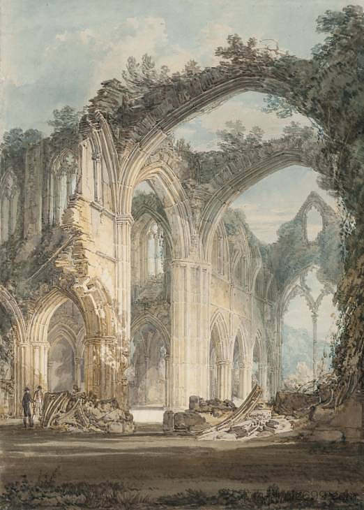 廷特恩修道院。十字路口和香榭，望向东窗 Tintern Abbey. The Crossing and Chancel, Looking Towards the East Window (1794)，J.M.W.特纳