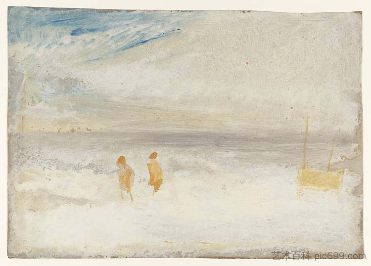 海滩上的两个人影与船 Two Figures on a Beach with a Boat (1845)，J.M.W.特纳