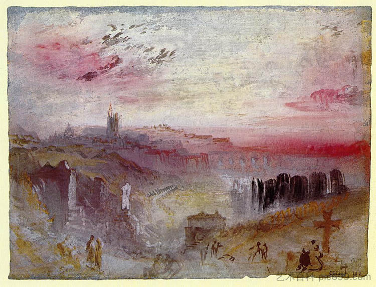 日落时分俯瞰城镇：前景中的墓地 View over Town at Sunset: a Cemetery in the Foreground (1832)，J.M.W.特纳