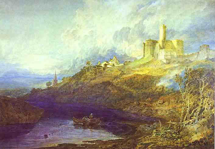 诺森伯兰郡沃克沃斯城堡;日落时降临的雷暴 Warkworth Castle, Northumberland; Thunderstorm Approaching at Sunset (1799)，J.M.W.特纳