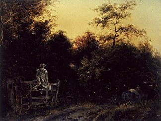 风景与轨道和一个坐在大门上的男人 Landscape with a Track and a Man Sitting on a Gate，威廉·威廉姆斯