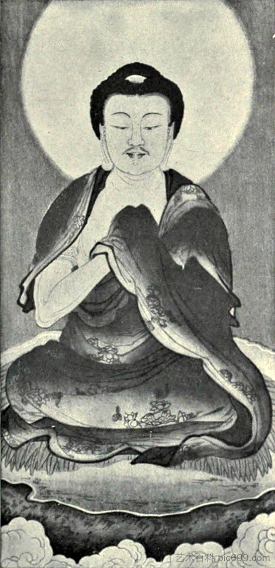 释迦牟尼画像的黑白复制品 Black and white reproduction of a portrait of Sakyamuni，吴道子