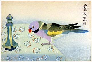 桌上的长尾小鹦鹉 Parakeet on Table (1924)，山村豊成