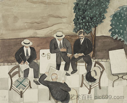 四个男人在咖啡馆 Four men at a cafe (1927)，亚尼斯·查罗契斯