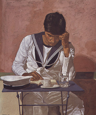 水手阅读粉红色背景 Mariner reading on pink background，亚尼斯·查罗契斯