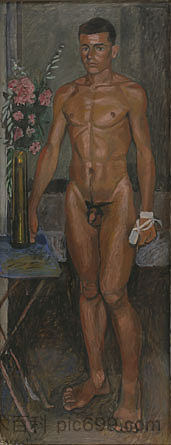 裸体青年，手上戴着夹竹桃和绷带 Nude youth with oleanders and a bandage on his hand (1940)，亚尼斯·查罗契斯