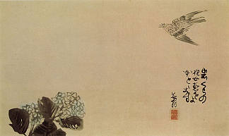 绣球花上的小杜鹃（海加） A little cuckoo across a hydrangea (Haiga)，与谢芜村