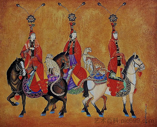 三人穿着民间服饰骑在马上 The Three in Folk Dresses on Horses，扎亚