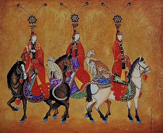 三人穿着民间服饰骑在马上 The Three in Folk Dresses on Horses，扎亚