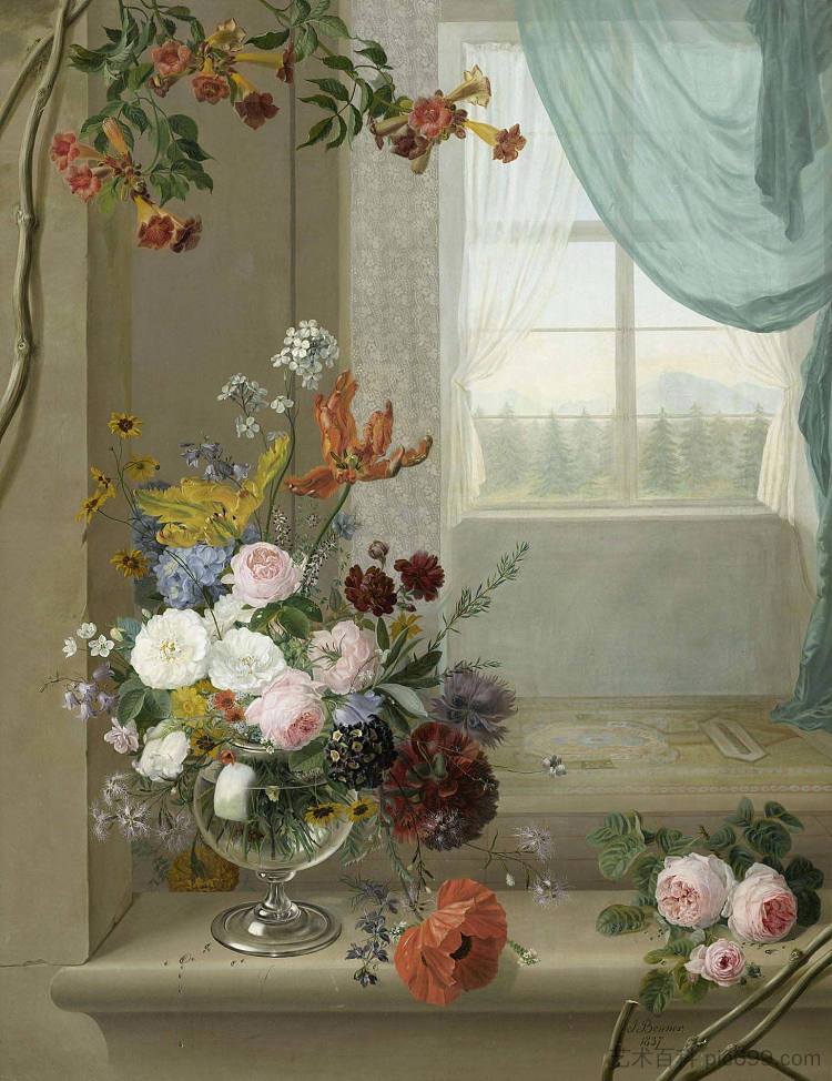 窗台上的花朵静物 Still life of flowers on a window ledge (1837; France  )，让·本纳