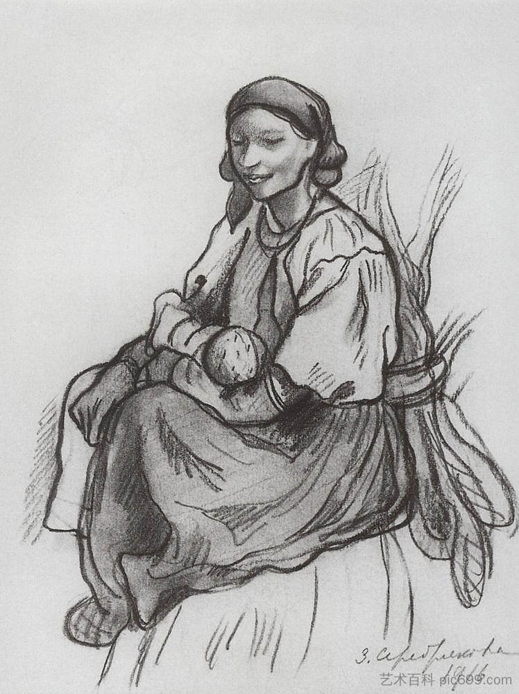 一个带着孩子的农妇 A peasant woman with a child (1916),齐内达·塞莱布里阿库娃