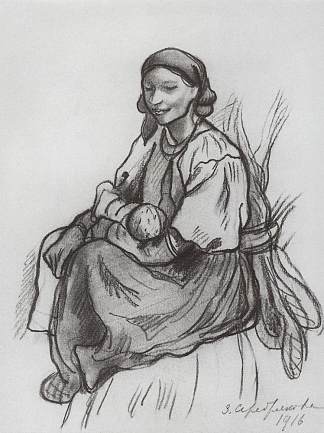 一个带着孩子的农妇 A peasant woman with a child (1916)，齐内达·塞莱布里阿库娃