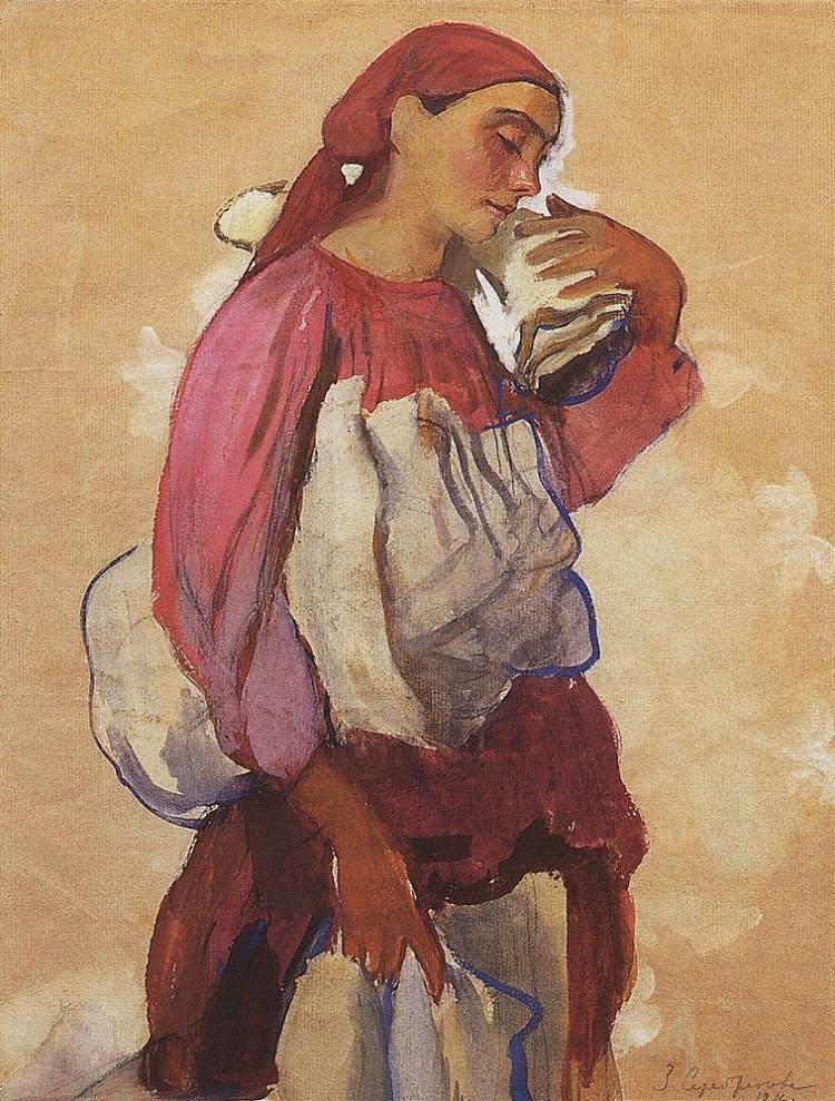 一个农妇，肩上和手里拿着一卷帆布 A peasant woman with rolls of canvas on her shoulder and in her hands (1916 - 1917)，齐内达·塞莱布里阿库娃
