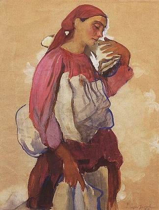 一个农妇，肩上和手里拿着一卷帆布 A peasant woman with rolls of canvas on her shoulder and in her hands (1916 – 1917)，齐内达·塞莱布里阿库娃