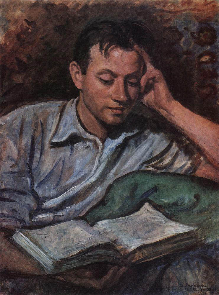 亚历山大·谢列布里亚科夫，读书 Alexander Serebryakov, reading a book (1946)，齐内达·塞莱布里阿库娃