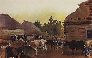 内斯库奇诺耶村的动物农场 Animal Farm in the village Neskuchnoye (c.1910)，齐内达·塞莱布里阿库娃