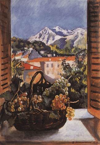 窗户上有葡萄的篮子 Basket with grapes on the window (1931)，齐内达·塞莱布里阿库娃