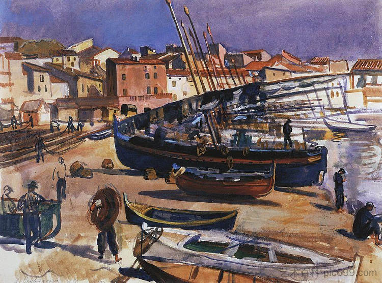 科利尤尔。有船只的港口 Collioure. Port with boats (1930),齐内达·塞莱布里阿库娃