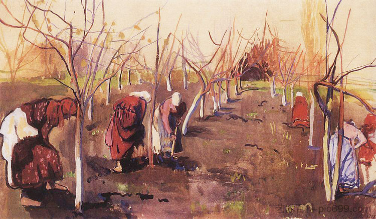 在花园里挖树 Digging trees in the garden (1908),齐内达·塞莱布里阿库娃