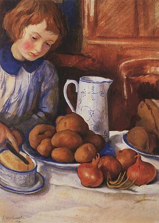 厨房餐桌上的卡佳 Katya at the kitchen table (1923)，齐内达·塞莱布里阿库娃