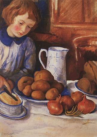 厨房餐桌上的卡佳 Katya at the kitchen table (1923)，齐内达·塞莱布里阿库娃