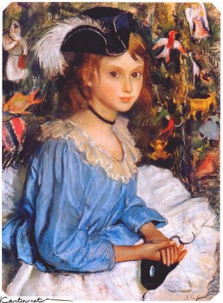 圣诞树旁的蓝色连衣裙卡佳 Katya in blue dress by christmas tree (1922)，齐内达·塞莱布里阿库娃