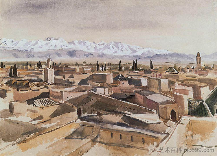 马拉喀什。从阿特拉斯山脉的露台上看 Marrakech. View from the terrace at the Atlas Mountains (1928),齐内达·塞莱布里阿库娃
