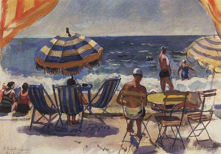 芒通。带遮阳伞的海滩 Menton. Beach with umbrellas (1931)，齐内达·塞莱布里阿库娃