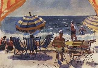 芒通。带遮阳伞的海滩 Menton. Beach with umbrellas (1931)，齐内达·塞莱布里阿库娃