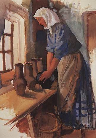 带花盆的农妇 Peasant Woman with pots (c.1900)，齐内达·塞莱布里阿库娃