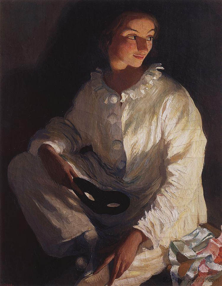 皮埃罗（穿着皮埃罗服装的自画像） Pierrot (Self portrait in the costume of Pierrot) (1911)，齐内达·塞莱布里阿库娃