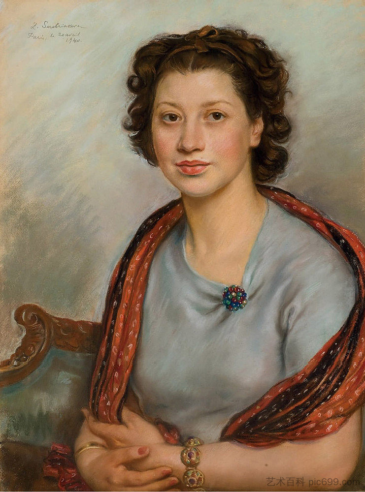 红色披肩的伯莎·波波夫的肖像 Portrait of Bertha Popoff in a red shawl (1940)，齐内达·塞莱布里阿库娃