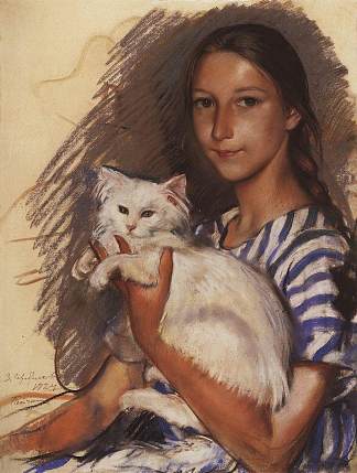 娜塔莎·兰瑟尔与猫的肖像 Portrait of Natasha Lancere with a cat (1924)，齐内达·塞莱布里阿库娃
