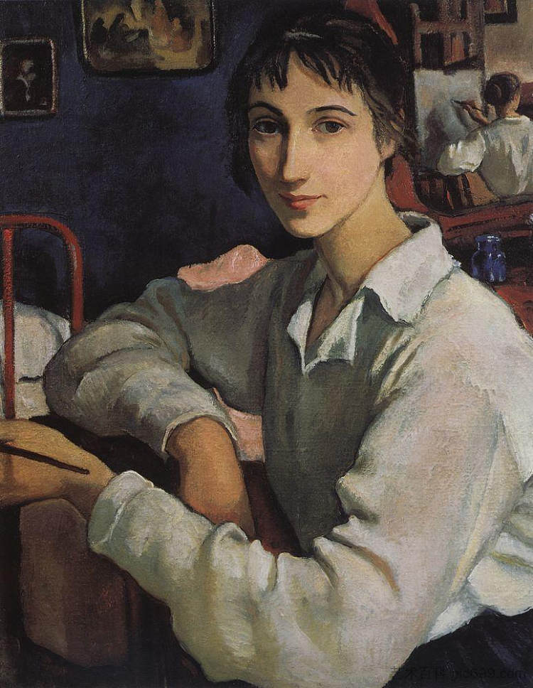 白色衬衫的自画像 Self-portrait in a white blouse (1922)，齐内达·塞莱布里阿库娃