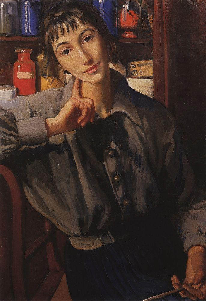 用画笔自画像 Self-portrait with a brush (1924)，齐内达·塞莱布里阿库娃