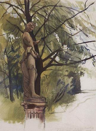 圣彼得堡尤苏波夫花园中的动物雕像 Statue of a faun in the garden of the Yusupov in St. Petersburg (1923)，齐内达·塞莱布里阿库娃