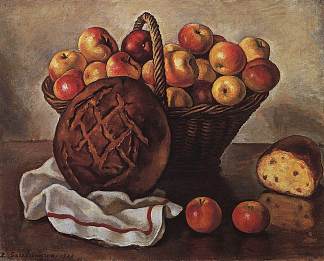 静物与苹果和圆面包 Still Life with Apples and a round bread (1948)，齐内达·塞莱布里阿库娃