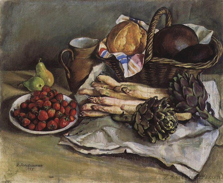 芦笋和草莓静物 Still life with asparagus and strawberries (1932)，齐内达·塞莱布里阿库娃