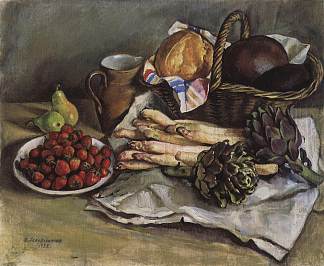 芦笋和草莓静物 Still life with asparagus and strawberries (1932)，齐内达·塞莱布里阿库娃